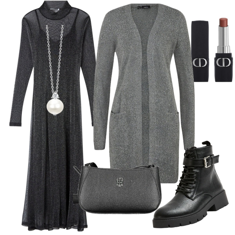 Outfit donna - Il vestito in lurex grigio. Stile Casual chic per Tutti i giorni. Abbinamento con cardigans, rossetti, vestiti lunghi, anfibi, collane, borse a tracolla.