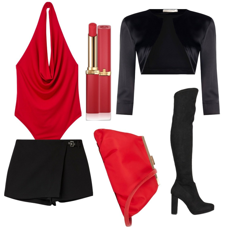 Outfit donna - Dolcetto o scherzetto -Diavoletta sexy. Stile Casual chic per Serata fuori. Abbinamento con stivali sopra il ginocchio, rossetti, minigonne, body, bolero, pochette.