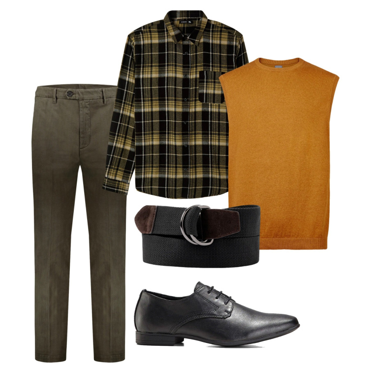 Outfit uomo - Caldo tartan. Stile Trendy per Serata speciale. Abbinamento con scarpe stringate, camicie, gilet, pantaloni, cinture.