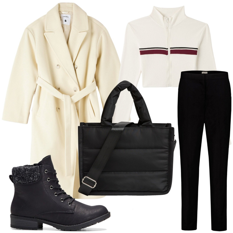 Outfit donna - Il cappotto con cintura. Stile Casual per Tutti i giorni. Abbinamento con stivaletti, t-shirt, cappotti, shopping bag, pantaloni.