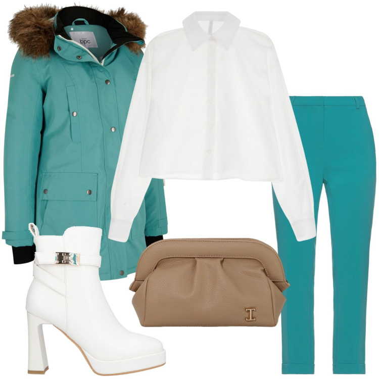 Outfit donna - Verde tiffany. Stile Glamour per Ufficio. Abbinamento con blazer, stivaletti, pantaloni, borse a mano, camicie.