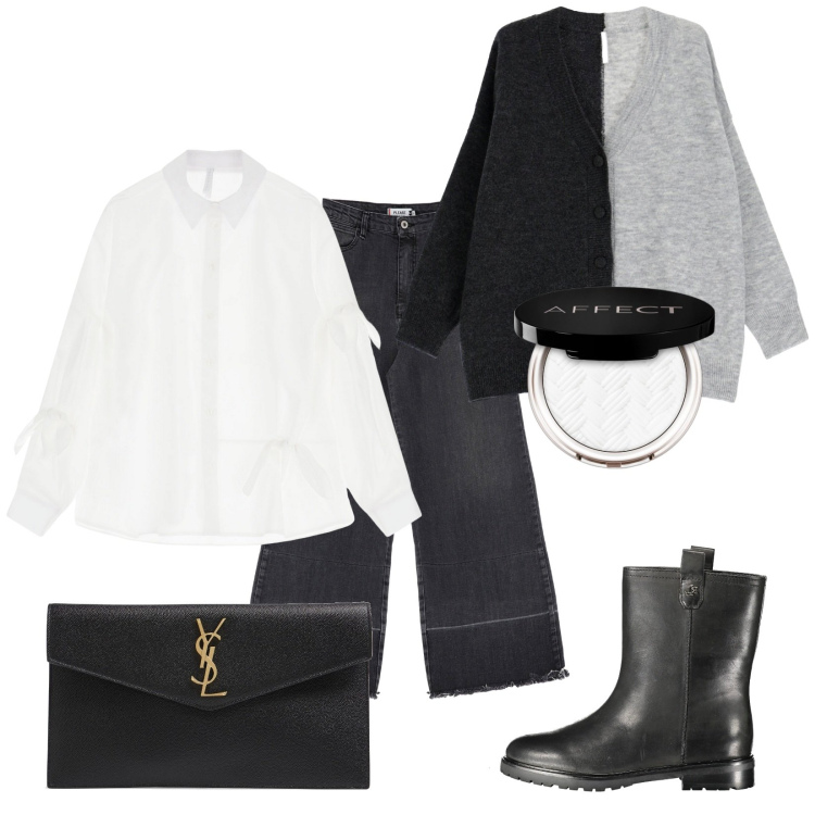Outfit donna - Total look #1990749. Stile Urban per Tutti i giorni. Abbinamento con ciprie, jeans, cardigans, camicie, stivali, pochette.