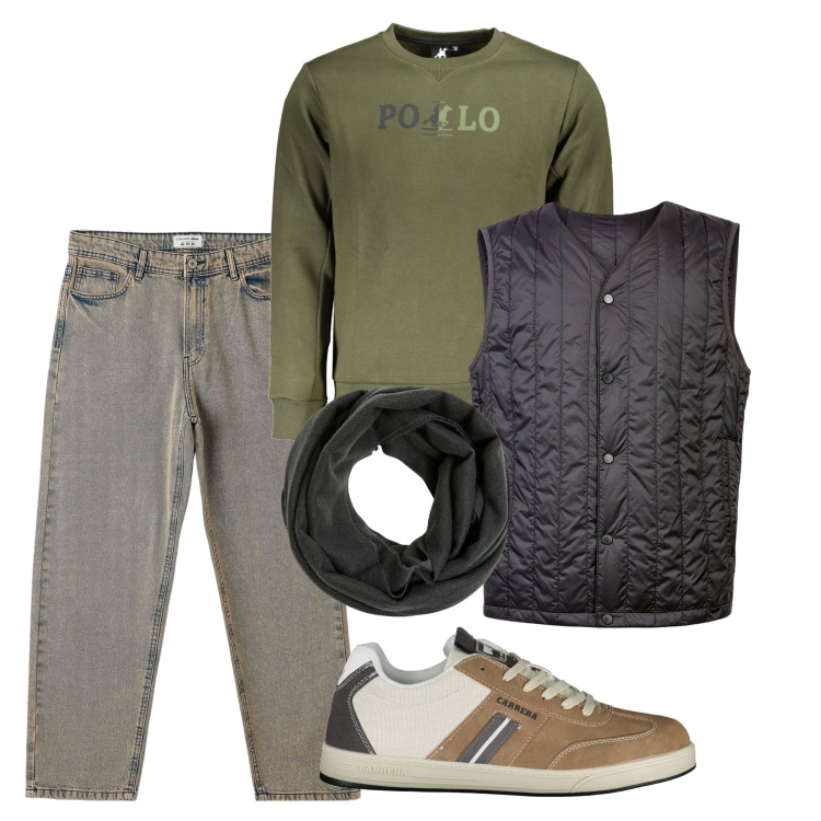 Outfit uomo - Oliva. Stile Casual per Tutti i giorni. Abbinamento con jeans, sciarpe, piumini, felpe, sneakers.