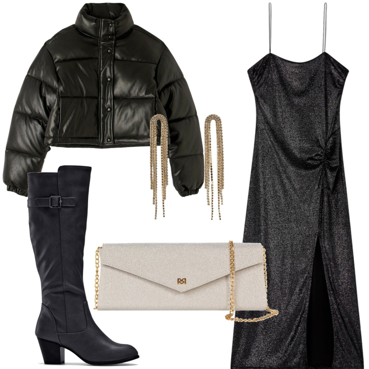 Outfit donna - Serata dark. Stile Chic per Serata fuori. Abbinamento con stivali, vestiti lunghi, piumini, orecchini, pochette.