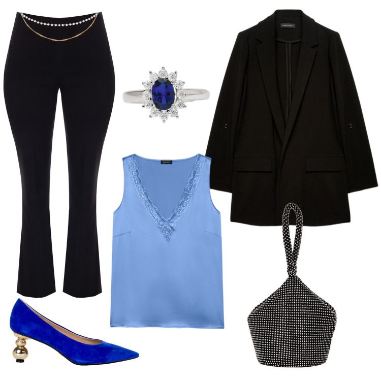 Outfit donna - Suadente. Stile Glamour per Serata fuori. Abbinamento con anelli, pantaloni, pochette, décolleté, top, blazer.