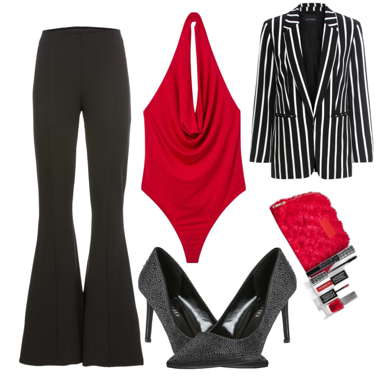 Outfit donna - Diavolina. Stile Sexy per Serata fuori. Abbinamento con pantaloni, blazer, mascara, body, décolleté.