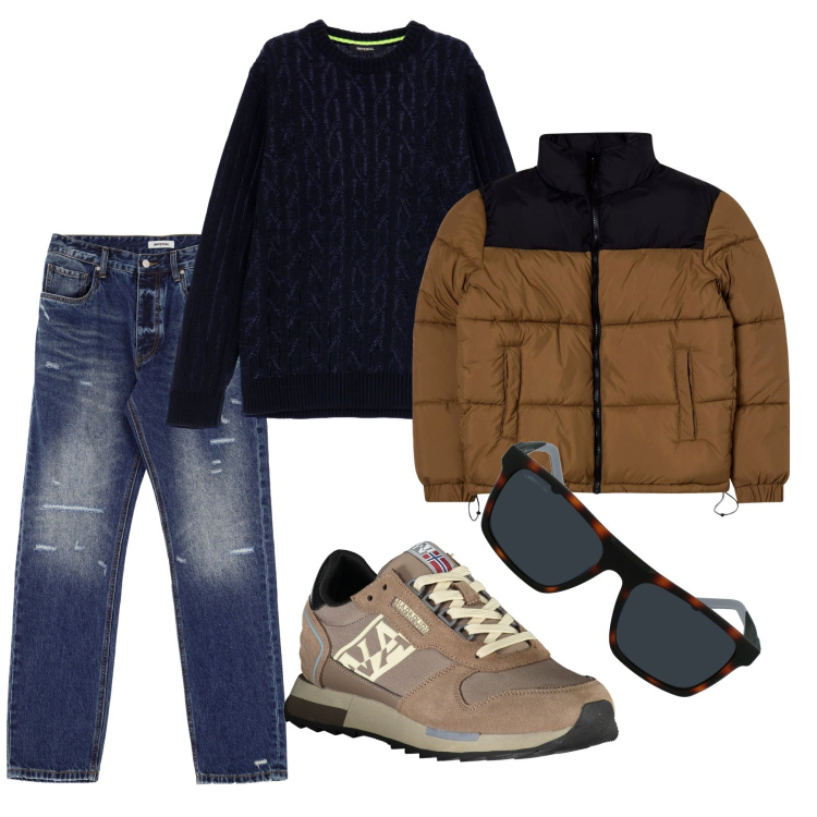 Outfit uomo - Jeans. Stile Casual per Tutti i giorni. Abbinamento con giacche, maglieria, jeans dritti, sneakers, occhiali da sole.