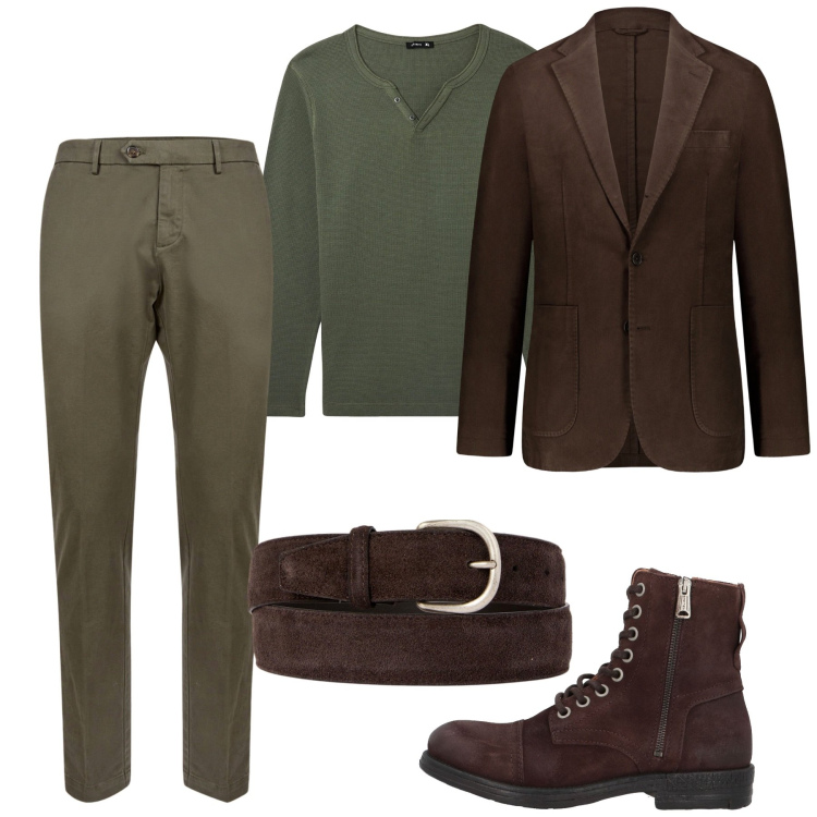 Outfit uomo - Dettagli moka. Stile Trendy per Serata speciale. Abbinamento con stivali e stivaletti, t-shirt, pantaloni chino, cappotti, cinture.