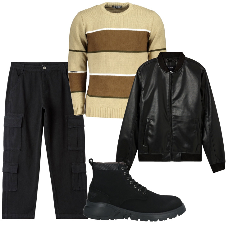 Outfit uomo - Urban. Stile Urban per Tutti i giorni. Abbinamento con stivali e stivaletti, bomber, pantaloni cargo, maglieria.