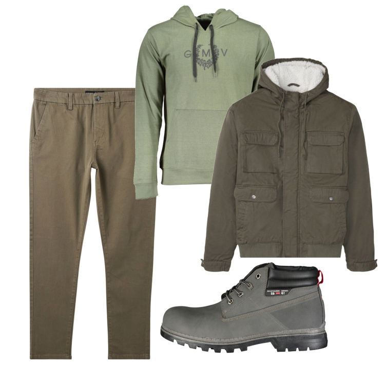 Outfit uomo - Urban green. Stile Urban per Tutti i giorni. Abbinamento con piumini, pantaloni chino, stivali, felpe con cappuccio.
