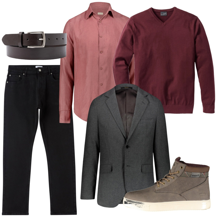 Outfit uomo - Un balloon di borgogna. Stile Casual per Serata speciale. Abbinamento con maglieria, pantaloni, giacche, stivali, camicie, cinture.