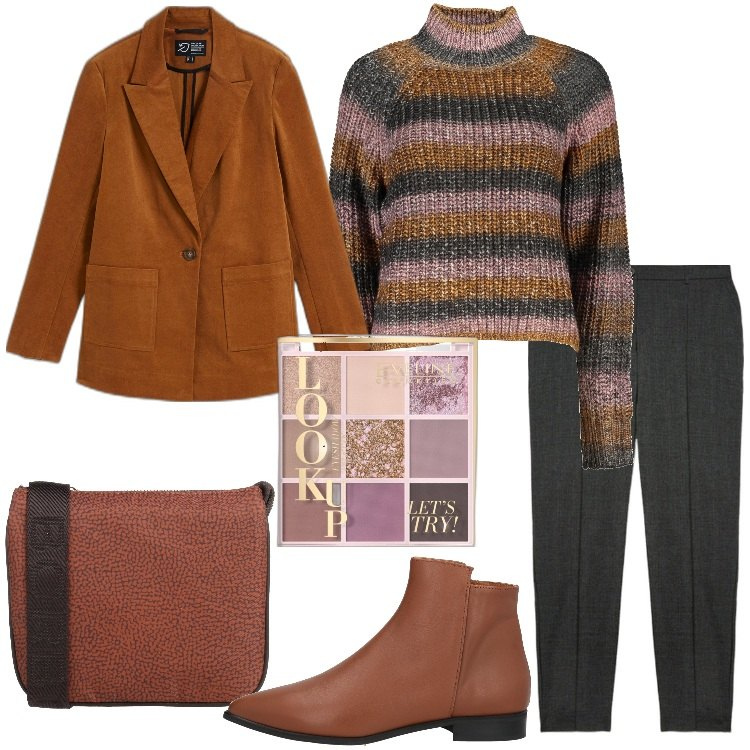Outfit donna - Basic in città. Stile Basic per Tutti i giorni. Abbinamento con blazer, stivaletti, borse a tracolla, ombretti, pantaloni, maglieria.