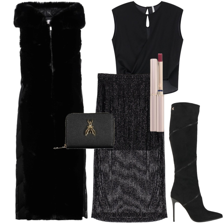 Outfit donna - Notte di Halloween. Stile Sexy per Serata fuori. Abbinamento con cappotti, stivali, rossetti, gonne lunghe, top, portafogli.