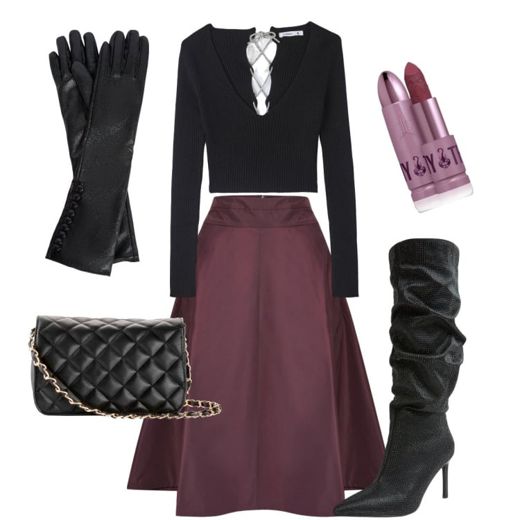 Outfit donna - Preferisco il dolcetto. Stile Vintage retrò per Serata fuori. Abbinamento con borse a tracolla, rossetti, maglieria, stivali, gonne, guanti.