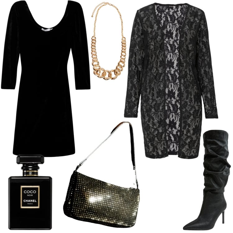 Outfit donna - Dolcetto o scherzetto. Stile Glamour per Serata fuori. Abbinamento con blazer, profumi, vestiti lunghi, stivali, borse a spalla, collane.