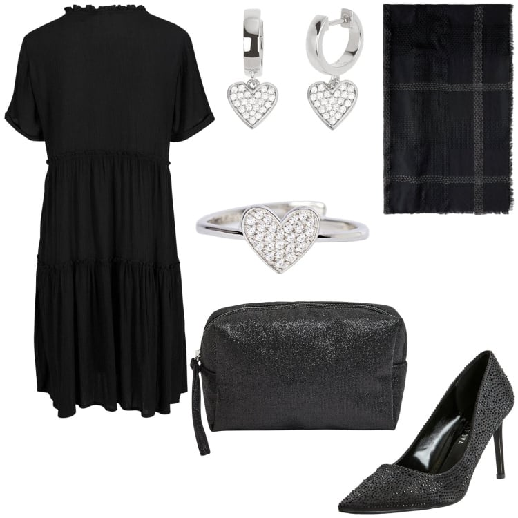 Outfit donna - Serata di Halloween. Stile Glamour per Serata fuori. Abbinamento con caftani, décolleté, valigie, orecchini, anelli, sciarpe.