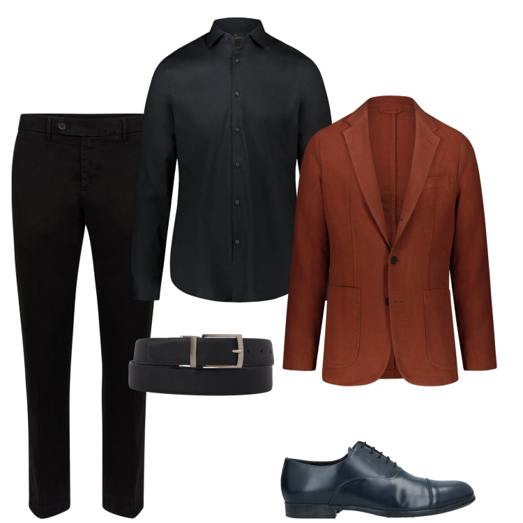 Outfit uomo - Nero e ruggine. Stile Business/Elegante per Ufficio. Abbinamento con scarpe stringate, camicie, pantaloni chino, cinture, giacche.