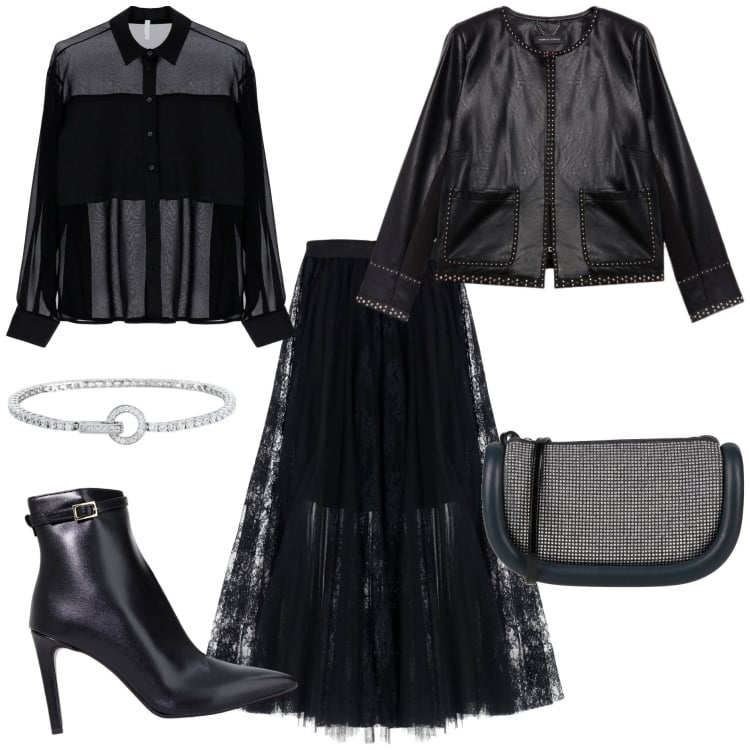 Outfit donna - Serata spettrale. Stile Glamour per Serata fuori. Abbinamento con borse a tracolla, braccialetti, gonne, camicie, stivaletti, blazer.