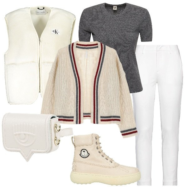 Outfit donna - Bianco neve. Stile Casual per Tutti i giorni. Abbinamento con stivaletti, pantaloni, marsupi, cardigans, blazer, maglieria.
