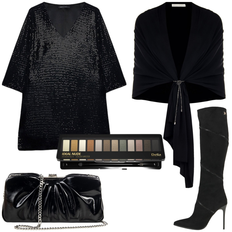 Outfit donna - Disco dolcetto o scherzetto. Stile Chic per Serata fuori. Abbinamento con stivali, ombretti, stole, pochette, vestiti corti.