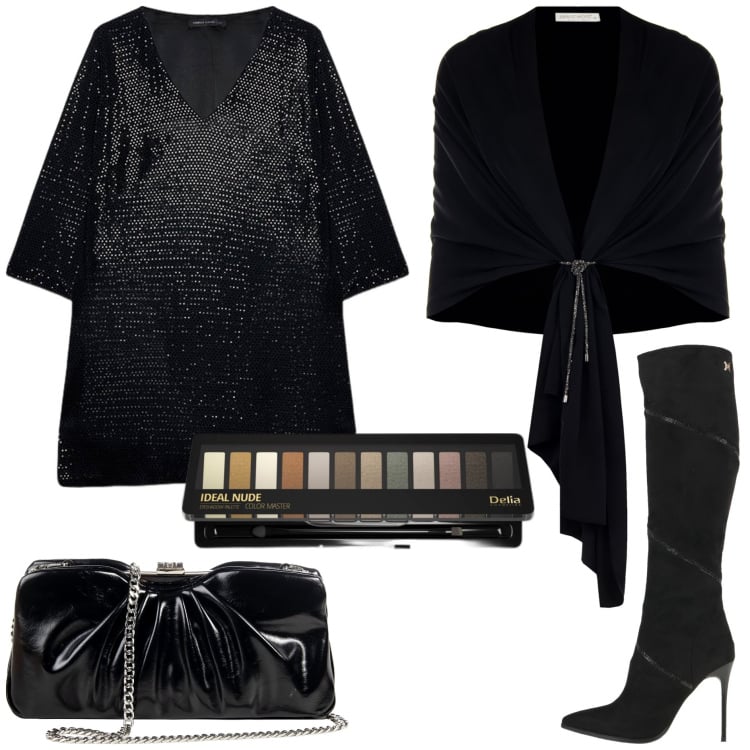 Outfit donna - Disco dolcetto o scherzetto. Stile Chic per Serata fuori. Abbinamento con ombretti, stivali, stole, pochette, vestiti corti.