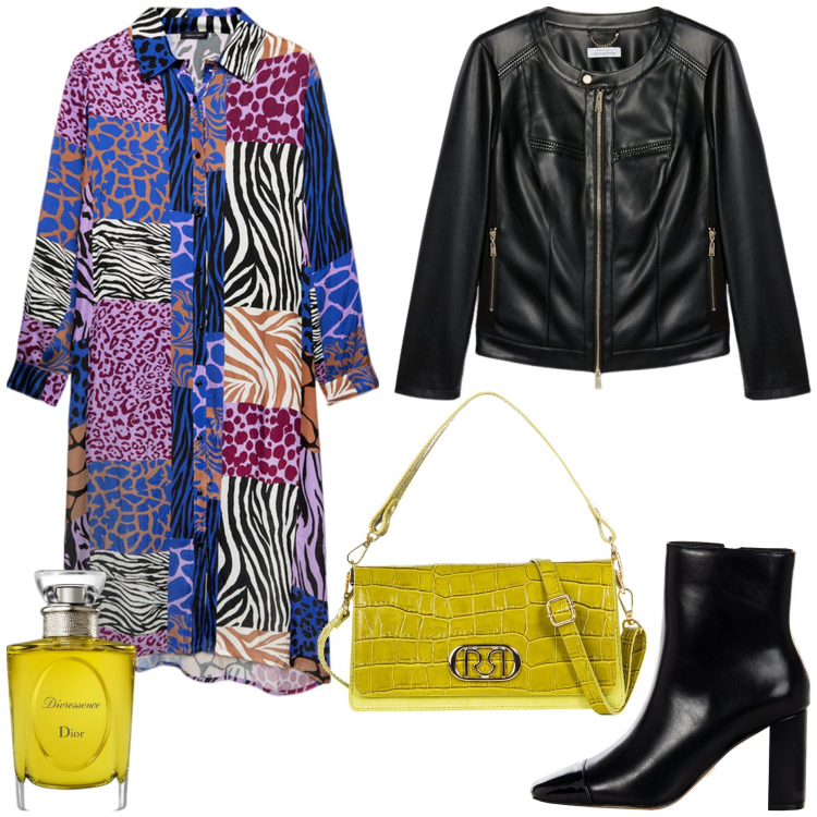 Outfit donna - L\'abito chemisier. Stile Glamour per Tutti i giorni. Abbinamento con profumi, borse a tracolla, stivaletti, vestiti chemisier, blazer.