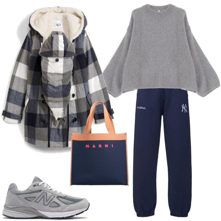 Outfit donna - Look gravidanza. Stile Casual per Tutti i giorni. Abbinamento con borse a mano, blazer, sneakers, pullovers, pantaloni.