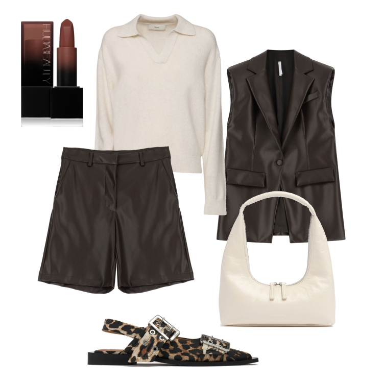 Outfit donna - Le ballerine animalier in ufficio. Stile Glamour per Ufficio. Abbinamento con rossetti, gilet, shorts, borse a spalla, ballerine, maglieria.