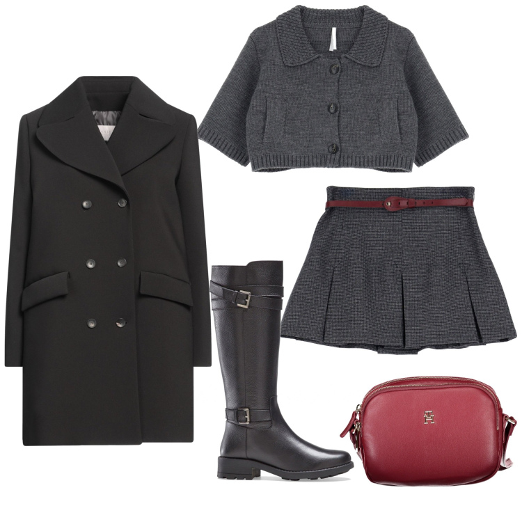 Outfit donna - Total look #1990911. Stile Preppy per Scuola/Università. Abbinamento con stivali, cappotti, cardigans, minigonne, borse a tracolla.