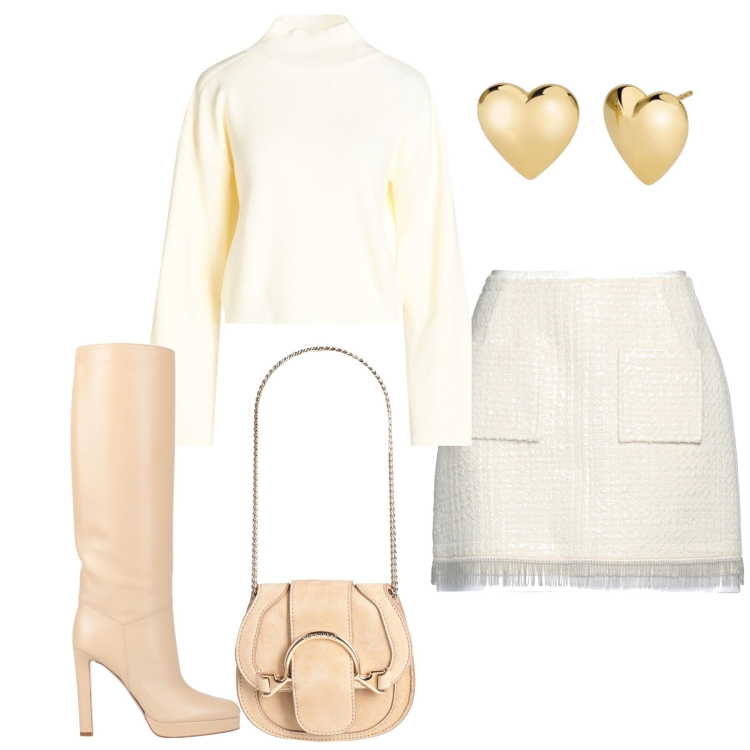 Outfit donna - Outfit color panna e color sabbia. Stile Casual chic per Serata fuori. Abbinamento con marsupi, stivali, minigonne, maglieria, orecchini.