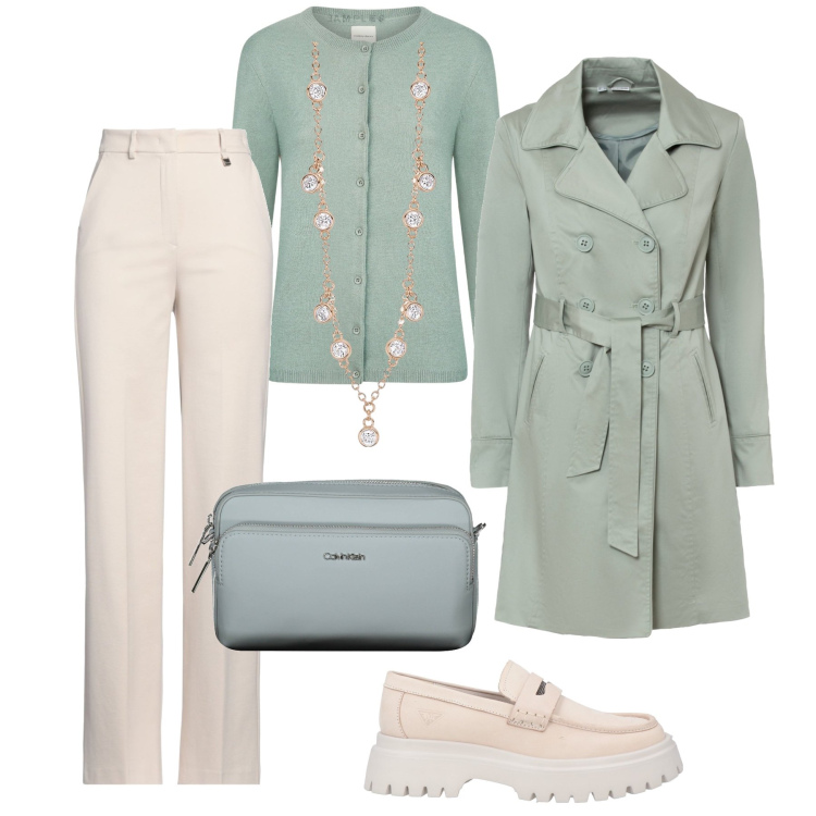 Outfit donna - Giornata pastello. Stile Casual chic per Tutti i giorni. Abbinamento con trench, mocassini, pantaloni, collane, cardigans, borse a tracolla.