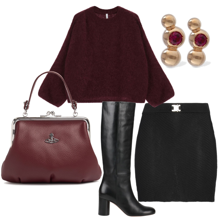 Outfit donna - Bordeaux e nero. Stile Casual per Serata fuori. Abbinamento con minigonne, stivali, pullovers, borse a mano, orecchini.