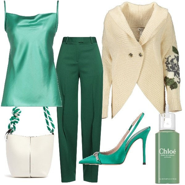 Outfit donna - Sabato sera. Stile Chic per Serata fuori. Abbinamento con top, pantaloni, décolleté, profumi, cardigans, borse a spalla.