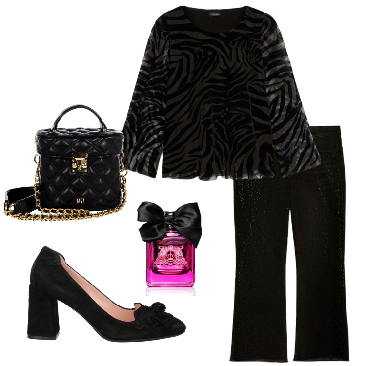 Outfit donna - Serata. Stile Chic per Serata fuori. Abbinamento con décolleté, profumi, borse a mano, maglieria, jeans a zampa.