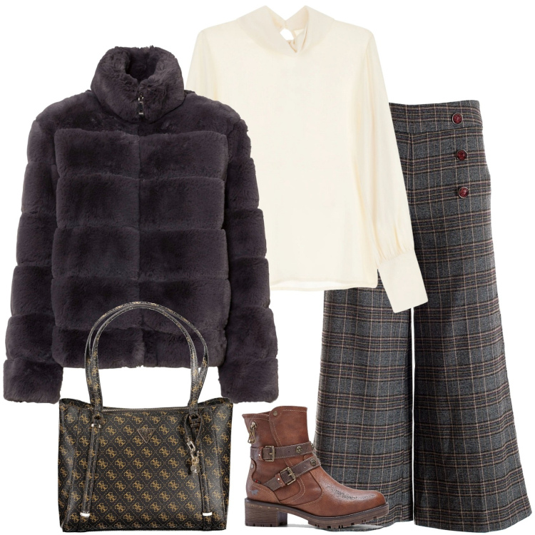 Outfit donna - Grigio fumo. Stile Casual chic per Tutti i giorni. Abbinamento con ecopellicce, stivaletti, pantaloni culotte, camicie, borse a spalla.