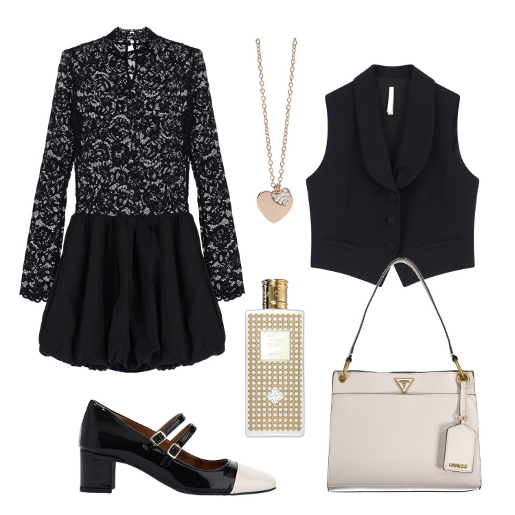 Outfit donna - Il vestito con la gonna a palloncino. Stile Chic per Serata fuori. Abbinamento con vestiti corti, gilet, décolleté, profumi, ciondoli, borse a spalla.