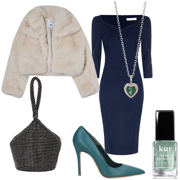 Outfit donna - Stiletto con tubino. Stile Glamour per Serata fuori. Abbinamento con décolleté, smalti, blazer, ciondoli, vestiti a tubino, pochette.