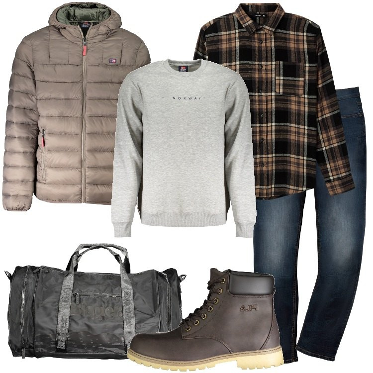 Outfit uomo - Fuori per il weekend. Stile Casual per Tutti i giorni. Abbinamento con jeans dritti, camicie, giacche, felpe, borse sportive, stivali.
