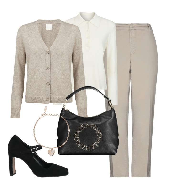 Outfit donna - In ufficio. Stile Bon Ton per Ufficio. Abbinamento con pantaloni, décolleté, braccialetti con ciondoli, cardigans, borse a spalla, polo.