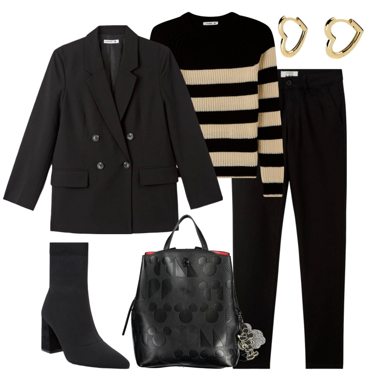 Outfit donna - In città. Stile Casual chic per Tutti i giorni. Abbinamento con pantaloni chino, maglieria, blazer, stivaletti, orecchini, zaini.
