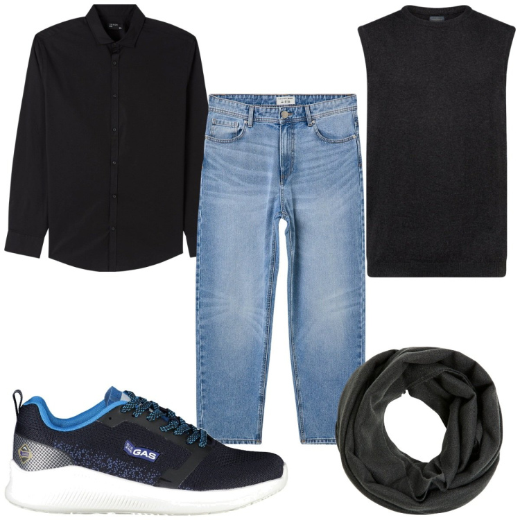 Outfit uomo - Total look #1991118. Stile Trendy per Tutti i giorni. Abbinamento con camicie, sciarpe, jeans, gilet, sneakers.