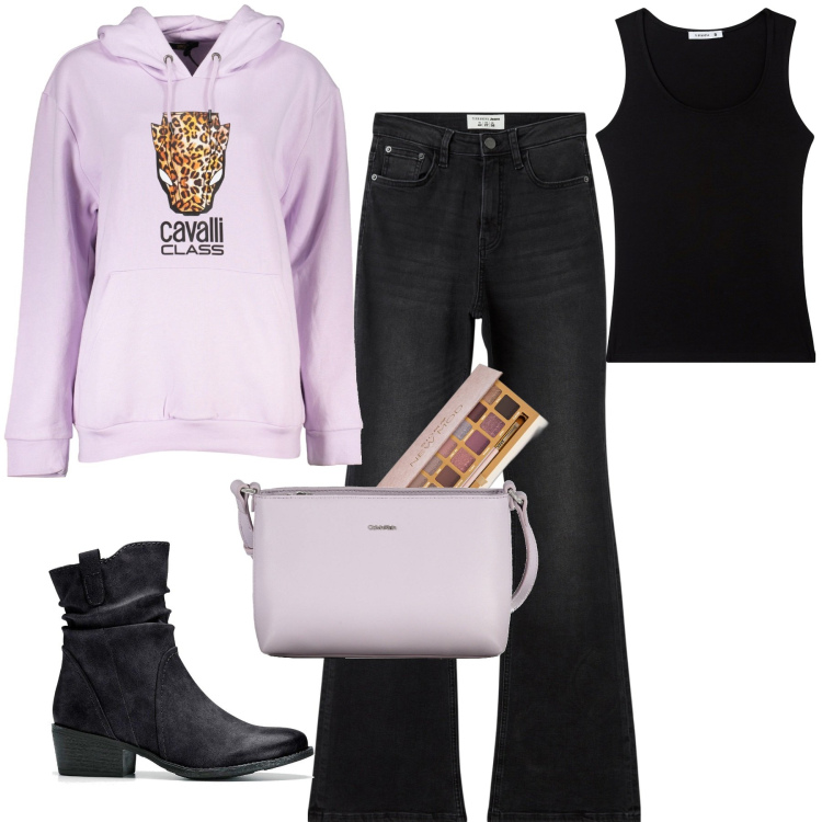 Outfit donna - Total look #1991165. Stile Urban per Tutti i giorni. Abbinamento con stivaletti texani, ombretti, jeans a zampa, canottiere, felpe con cappuccio, borse a tracolla.
