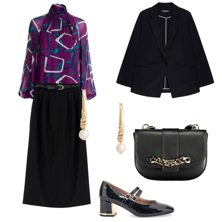 Outfit donna - Fantasia geometrica. Stile Chic per Ufficio. Abbinamento con bluse, gonne lunghe, orecchini, décolleté, borse a tracolla, blazer.