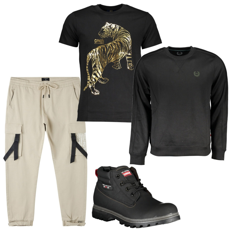 Outfit uomo - Total look #1991207. Stile Casual per Tutti i giorni. Abbinamento con pantaloni cargo, stivali, felpe, t-shirt.