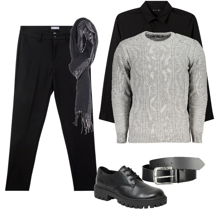 Outfit uomo - Total look #1991227-2. Stile Casual per Ufficio. Abbinamento con camicie, pantaloni chino, scarpe stringate, sciarpe, maglieria, cinture.