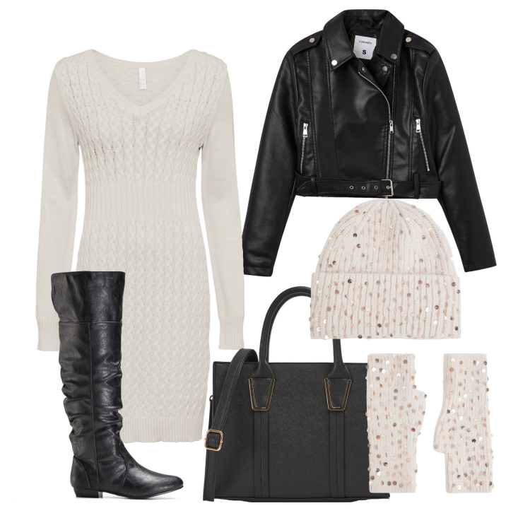 Outfit donna - L’abito in maglia con i cuissard. Stile Trendy per Tutti i giorni. Abbinamento con stivali sopra il ginocchio, vestiti, giacche, guanti, shopping bag, berretti.