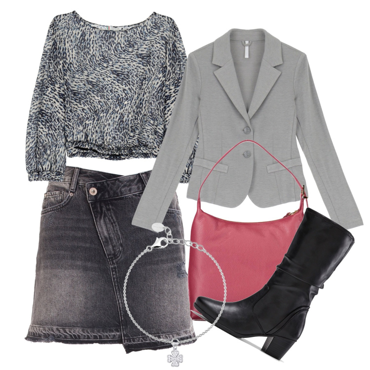Outfit donna - Grigio chic. Stile Chic per Tutti i giorni. Abbinamento con stivali, braccialetti con ciondoli, gonne, top, blazer, borse a spalla.