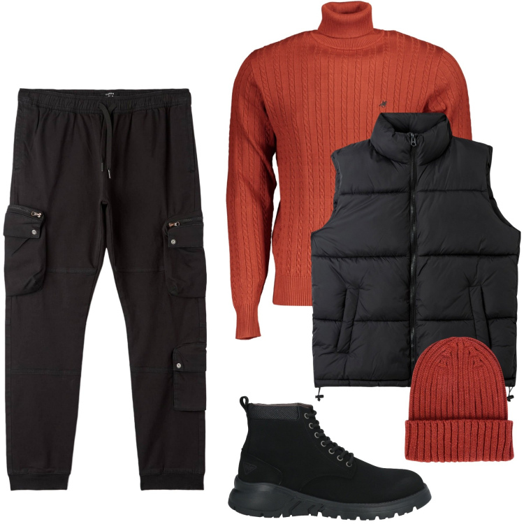 Outfit uomo - Total look #1991247. Stile Trendy per Tutti i giorni. Abbinamento con stivali e stivaletti, pantaloni cargo, piumini, berretti, maglieria.