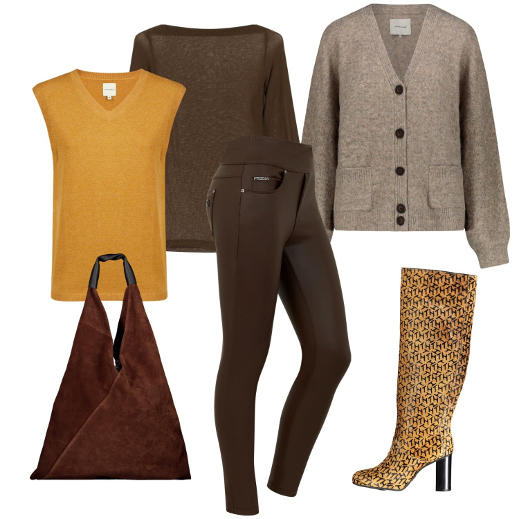 Outfit donna - Il sole in autunno. Stile Glamour per Tutti i giorni. Abbinamento con jeans skinny, t-shirt, cardigans, maglieria, borse a spalla, stivali.