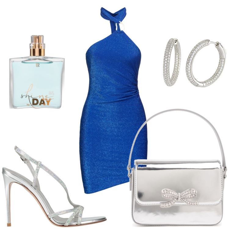 Outfit donna - Serata in discoteca. Stile Glamour per Serata fuori. Abbinamento con sandali in pelle, profumi, orecchini, vestiti, borse a mano.